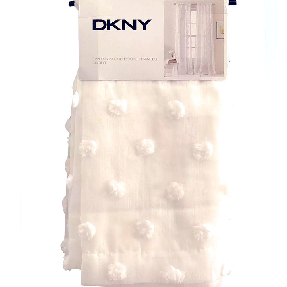 DKNY 50" x 96" ESPIRIT Two White Rod Pocket Sheer Window Curtains Panels NEW